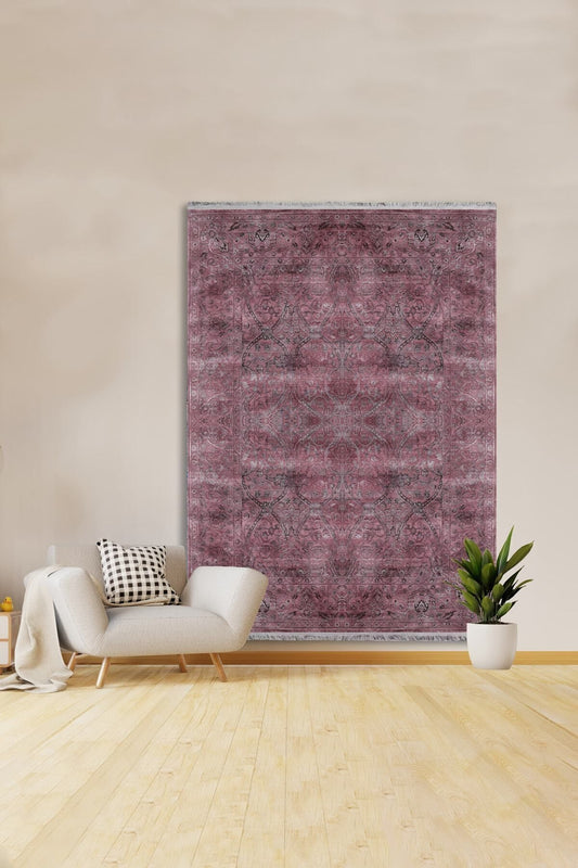 Halı Vagonu 2019 Fuşya Ve Gri Tonunda Etnik Desenli Kaymaz Taban Dekoratif Halı