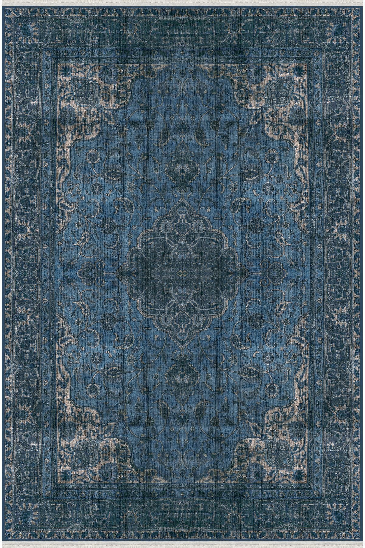 Halı Vagonu Serisi Lacivert Eskitme Antika Desen Kaymaz Taban Şönil Halı