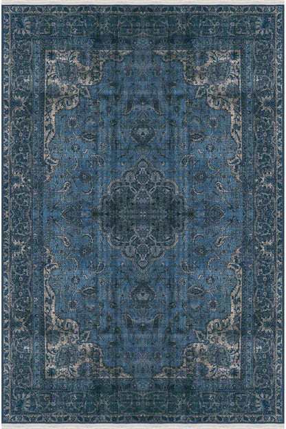 Halı Vagonu Serisi Lacivert Eskitme Antika Desen Kaymaz Taban Şönil Halı