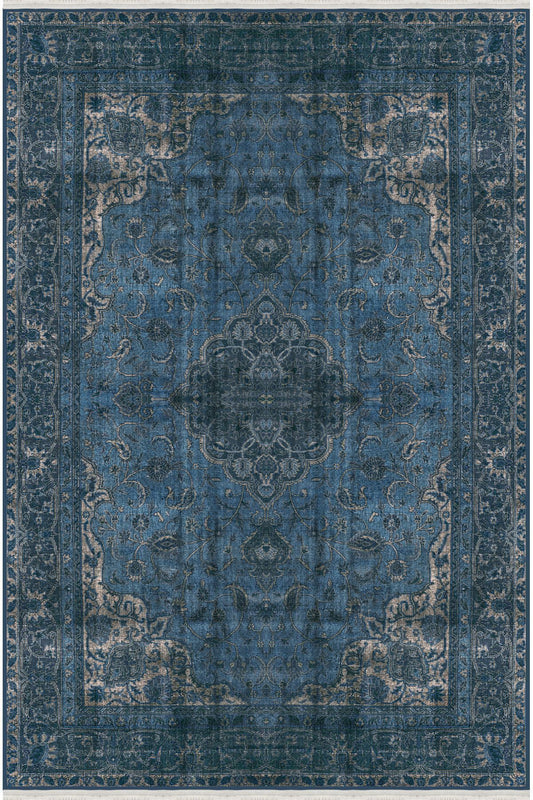 Halı Vagonu Serisi Lacivert Eskitme Antika Desen Kaymaz Taban Şönil Halı