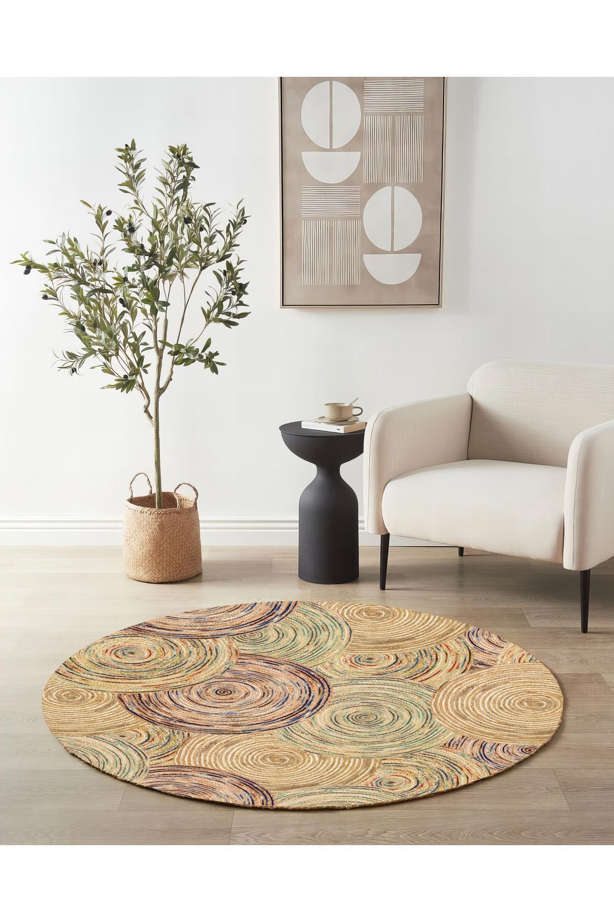 Boho 926 Jut Etnik Renkli Desenli Örgü Yuvarlak Natural Çift Taraflı Halı