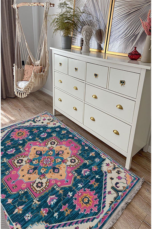 Halı Vagonu86 Etnik Desenli Yıkanabilir Kaymaz Tabanlı Salon Halısı, Koridor Ve Mutfak Halısı