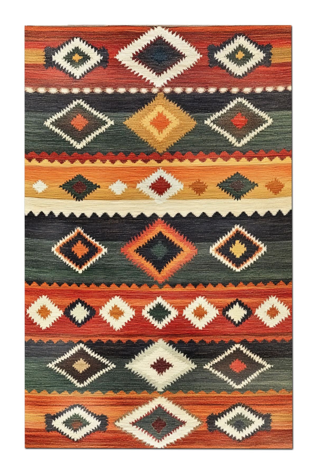 Halı Vagonu 203 Çok Renkli Bej Otantik Etnik Desen Kaymaz ve Dokuma Taban Dekoratif Halı