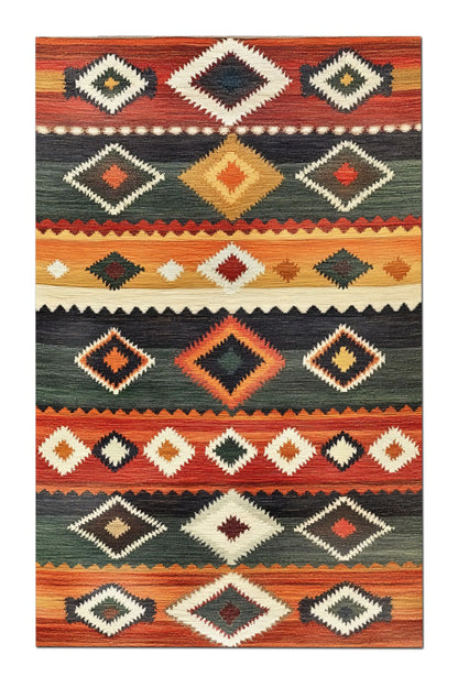 Halı Vagonu 203 Çok Renkli Bej Otantik Etnik Desen Kaymaz ve Dokuma Taban Dekoratif Halı