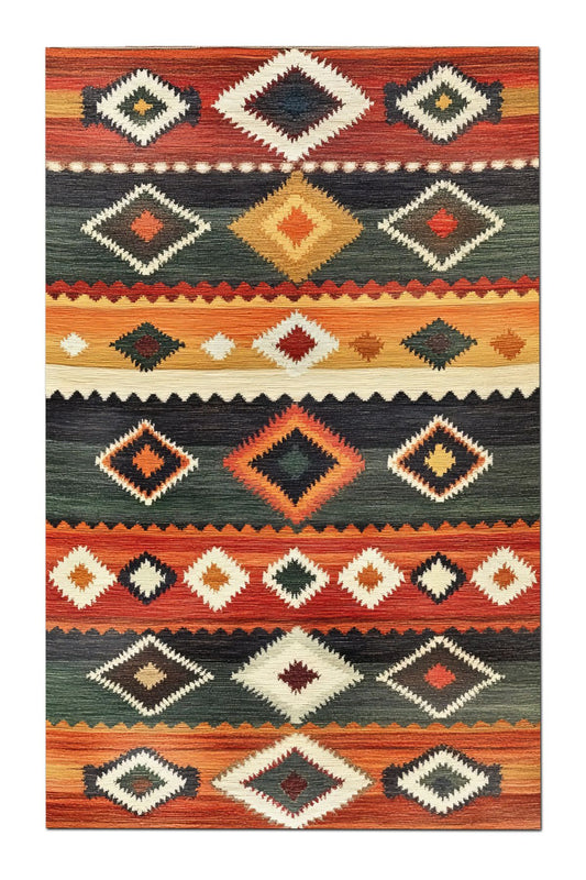 Halı Vagonu 203 Çok Renkli Bej Otantik Etnik Desen Kaymaz ve Dokuma Taban Dekoratif Halı