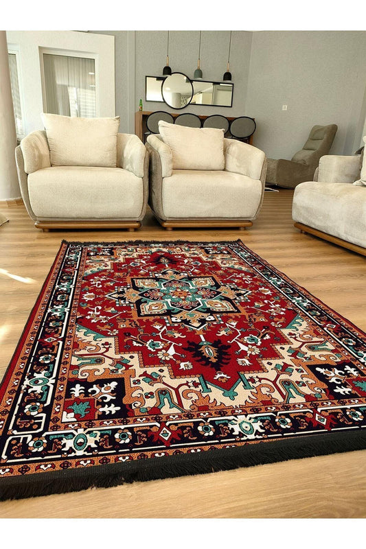 Halı Vagonu Serisi Kırmızı Ve Hardal Tonlarında Antika Otantik Eskitme Desen Kaymaz Taban Şönil Halı - HALI VAGONU