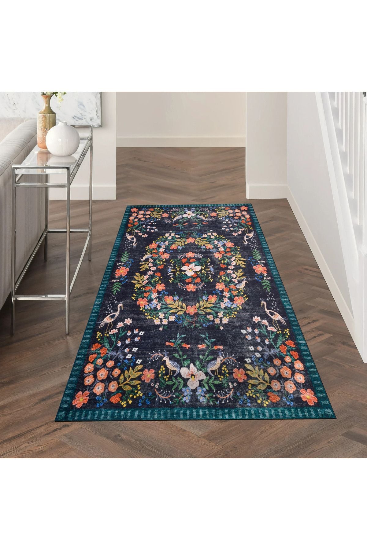 Halı Vagonu 2184 Lacivert Botanik Floral Çiçeksi Modern Ve Country Stil Dokuma Taban Halı