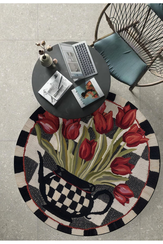 Halı Vagonu 175 Kırmızı Laleler ve Dama Desenli Dokuma Taban Yuvarlak Halı