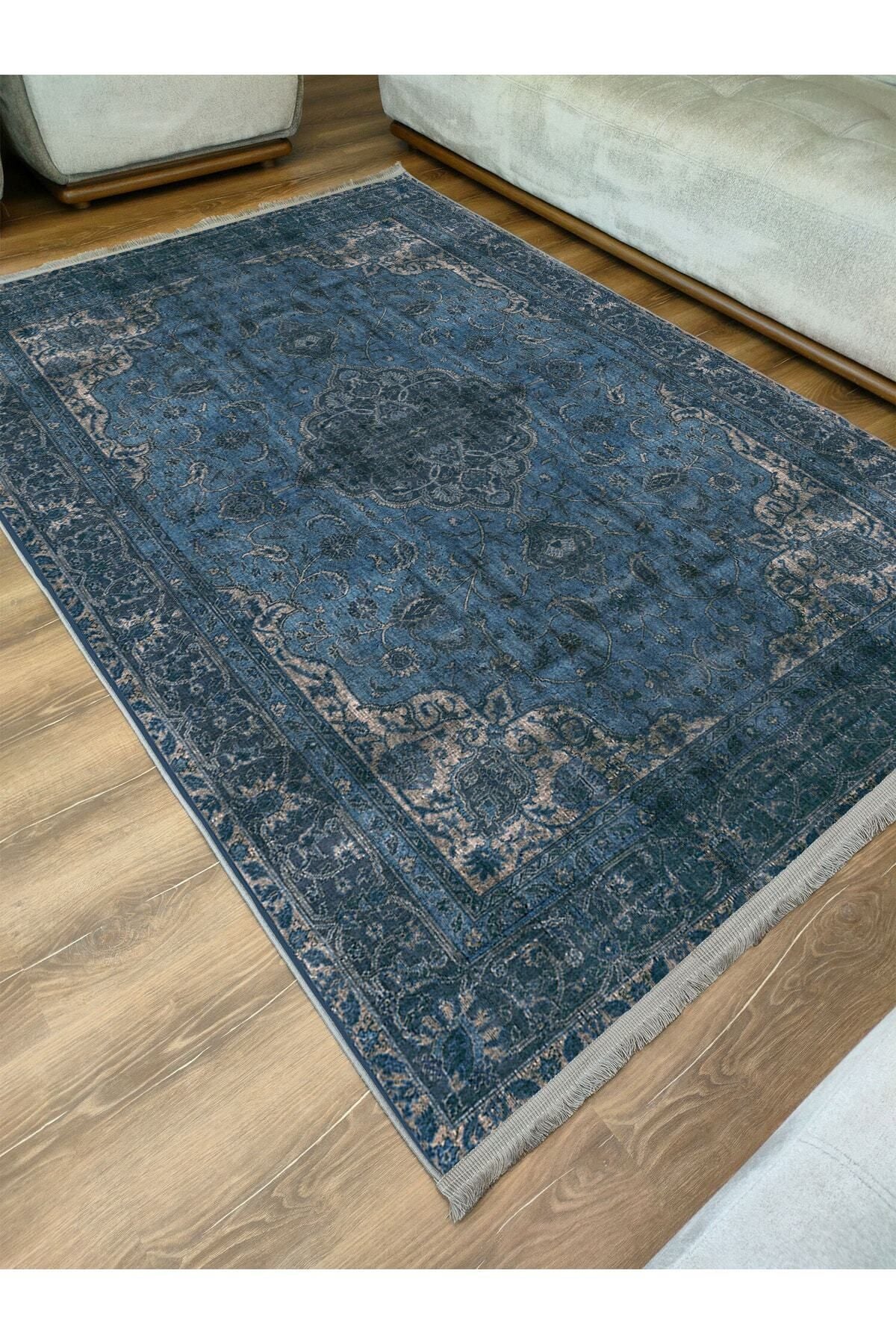 Halı Vagonu Serisi Lacivert Eskitme Antika Desen Kaymaz Taban Şönil Halı
