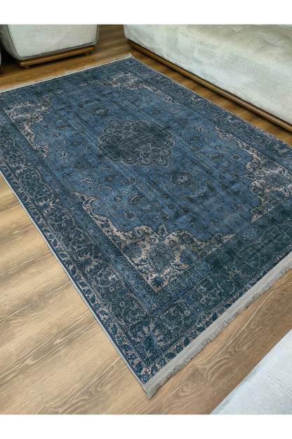 Halı Vagonu Serisi Lacivert Eskitme Antika Desen Kaymaz Taban Şönil Halı
