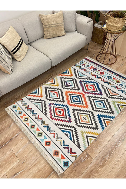 Cotton Kilim 19 Krem Zeminli Çizgili Desenli Dekoratif Yıkanabilen Dokuma Taban Kilim