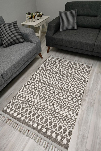 Cotton Serisi Beyaz Ve Gri Tonlarında Eskitme Otantik Etnik Desenli Dekoratif Dokuma Taban Kilim