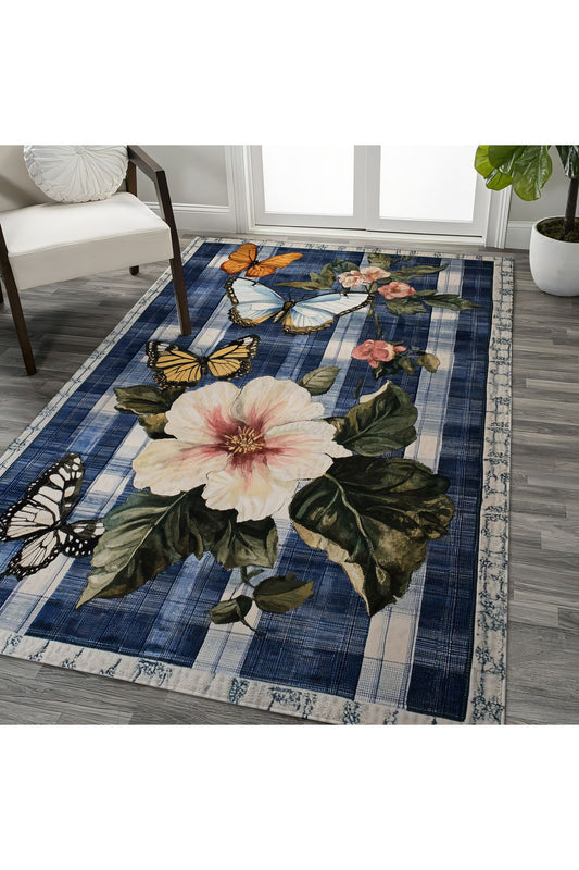 Halı Vagonu 212 Mavi Beyaz Ekose Çiçek Kelebek Figürlü Modern Dokuma Taban Dekoratif Halı