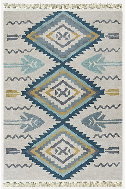 Cotton Kilim 12 Krem Zeminli Çizgili Desenli Dekoratif Yıkanabilen Dokuma Taban Kilim