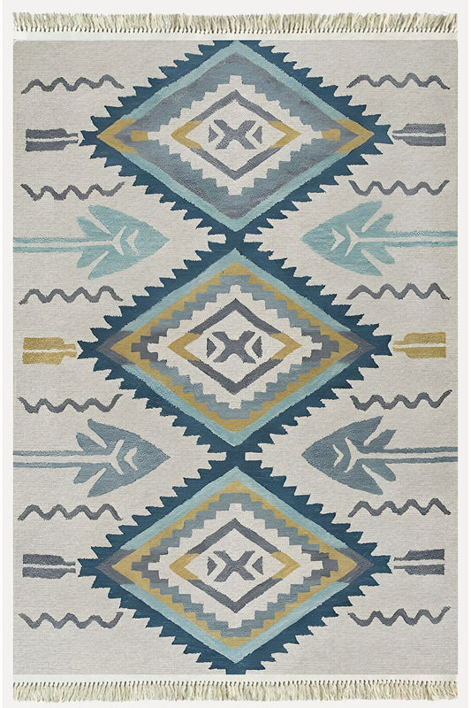 Cotton Kilim 12 Krem Zeminli Çizgili Desenli Dekoratif Yıkanabilen Dokuma Taban Kilim
