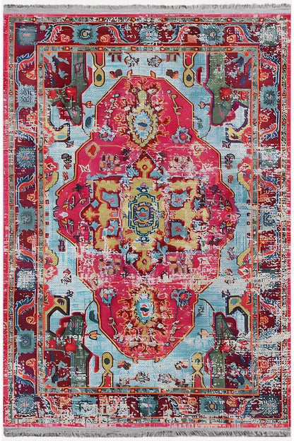 Halı Vagonu 91 Fuşya Tonlarında Klasık Dekoratif Salon Halısı Saçaklı Yıkanabilen Dekoratif Halı