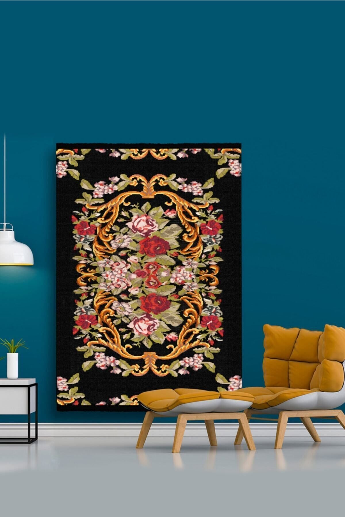 Halı Vagonu 2005 Siyah Tonunda Çiçekli Desen Kaymaz Taban Dekoratif Halı