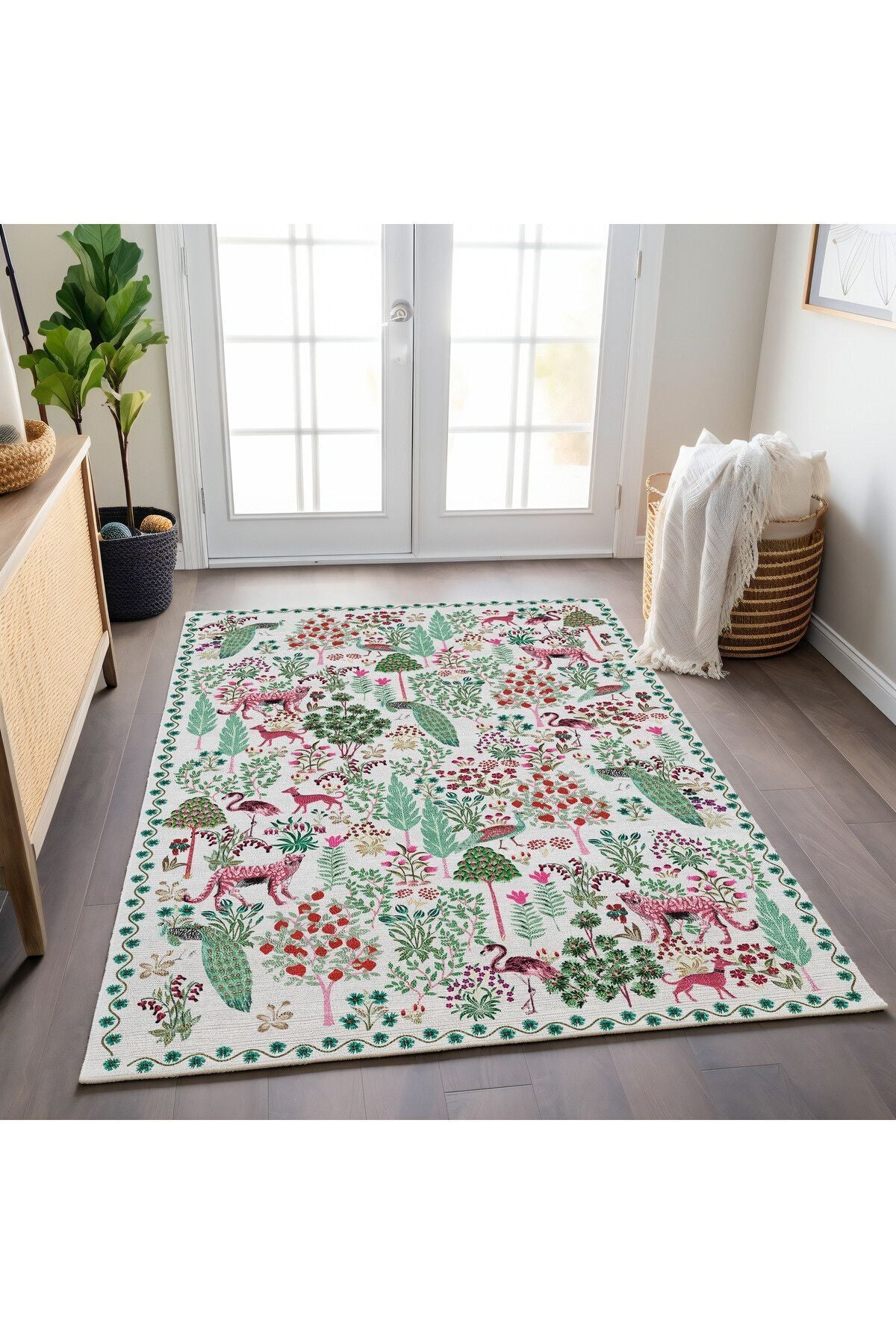 Halı Vagonu 195 Yeşil Pembe Botanik Çiçeksi Pastel Modern Dokuma Taban Halı