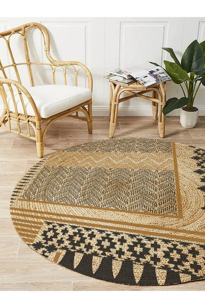 Boho 947 Geometrik Ve Etnik Baskılı Örgü Yuvarlak Natural Çift Taraflı Halı
