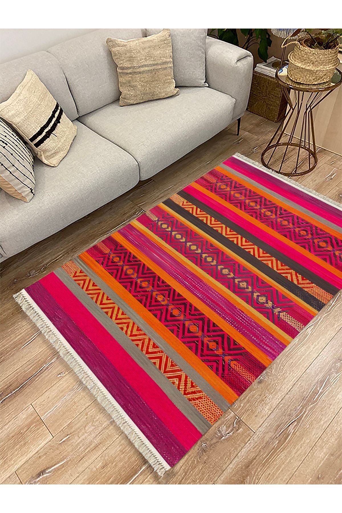 Cotton Kilim 8 Fuşya Multy Tonunda Geometrik Desenli Dekoratif Yıkanabilen Dokuma Taban Kilim