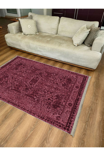Halı Vagonu Halı 2081 Bordo Tonunda Dekoratif Halı Salon Halısı Saçaklı Yıkanabilen Halı