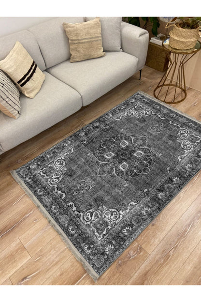 Halı Vagonu 2006 Gri Tonlarında Etnik Desen Kaymaz Taban Dekoratif Halı