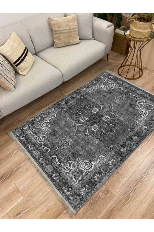 Halı Vagonu 2006 Gri Tonlarında Etnik Desen Kaymaz Taban Dekoratif Halı