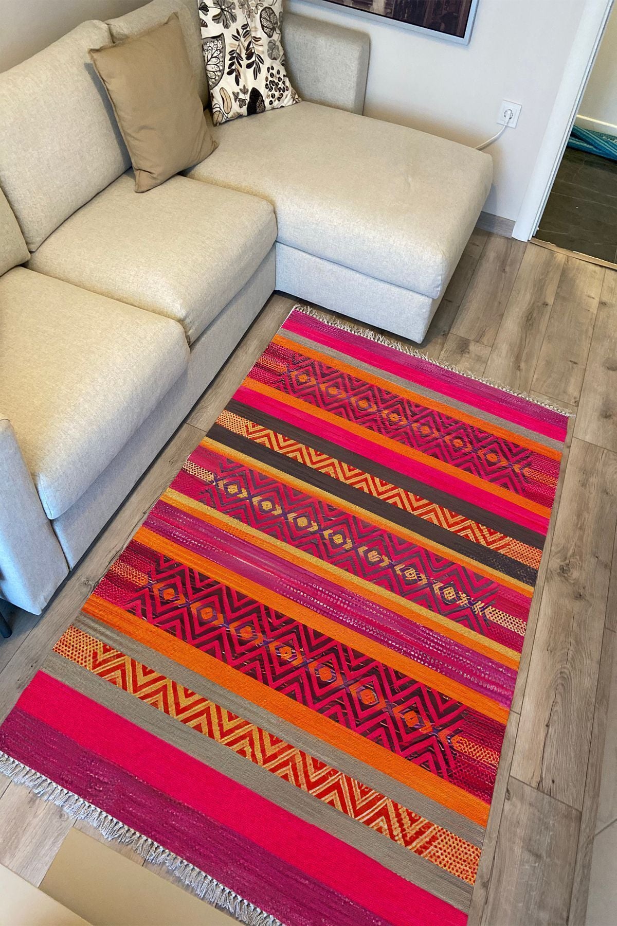 Cotton Kilim 8 Fuşya Multy Tonunda Geometrik Desenli Dekoratif Yıkanabilen Dokuma Taban Kilim