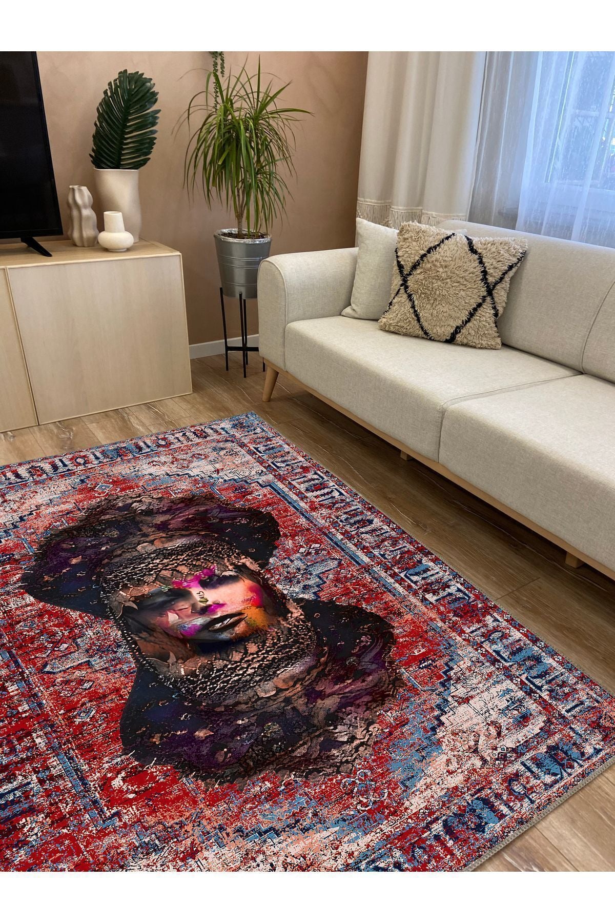 HV 126 Etnik Anadolu Halı Üzerine Kadın Suratı Dekoratif Salon Halısı Saçaklı Yıkanabilen Halı