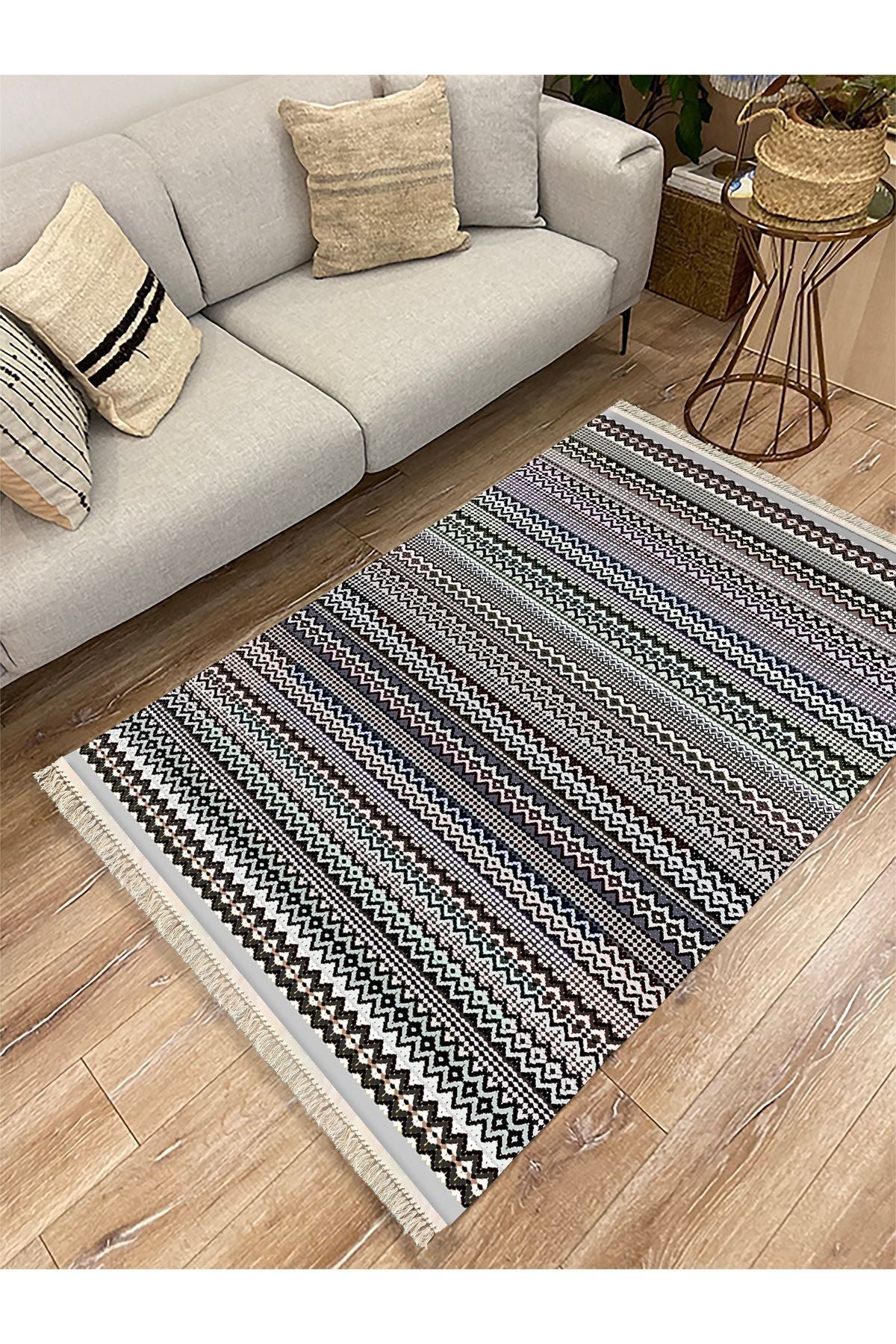 Cotton Kilim 56 Gri Desenli Geleneksel Motifler Modern Dekoratif Saçaklı Yıkanabilen Dokuma Kilim