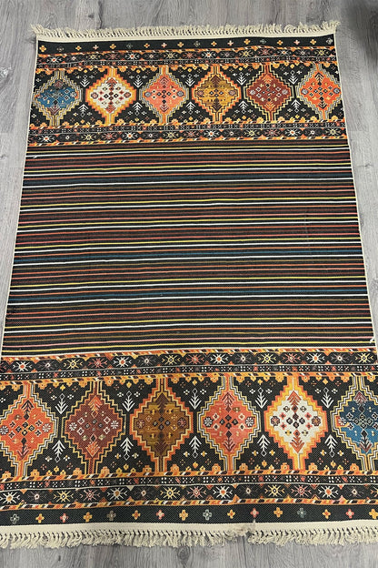 Cotton Siyah Etnik Otantik Desenli Çizgili Saçaklı Pamuk Taban Kilim 3593