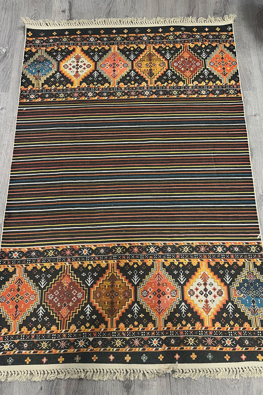 Cotton Siyah Etnik Otantik Desenli Çizgili Saçaklı Pamuk Taban Kilim 3593