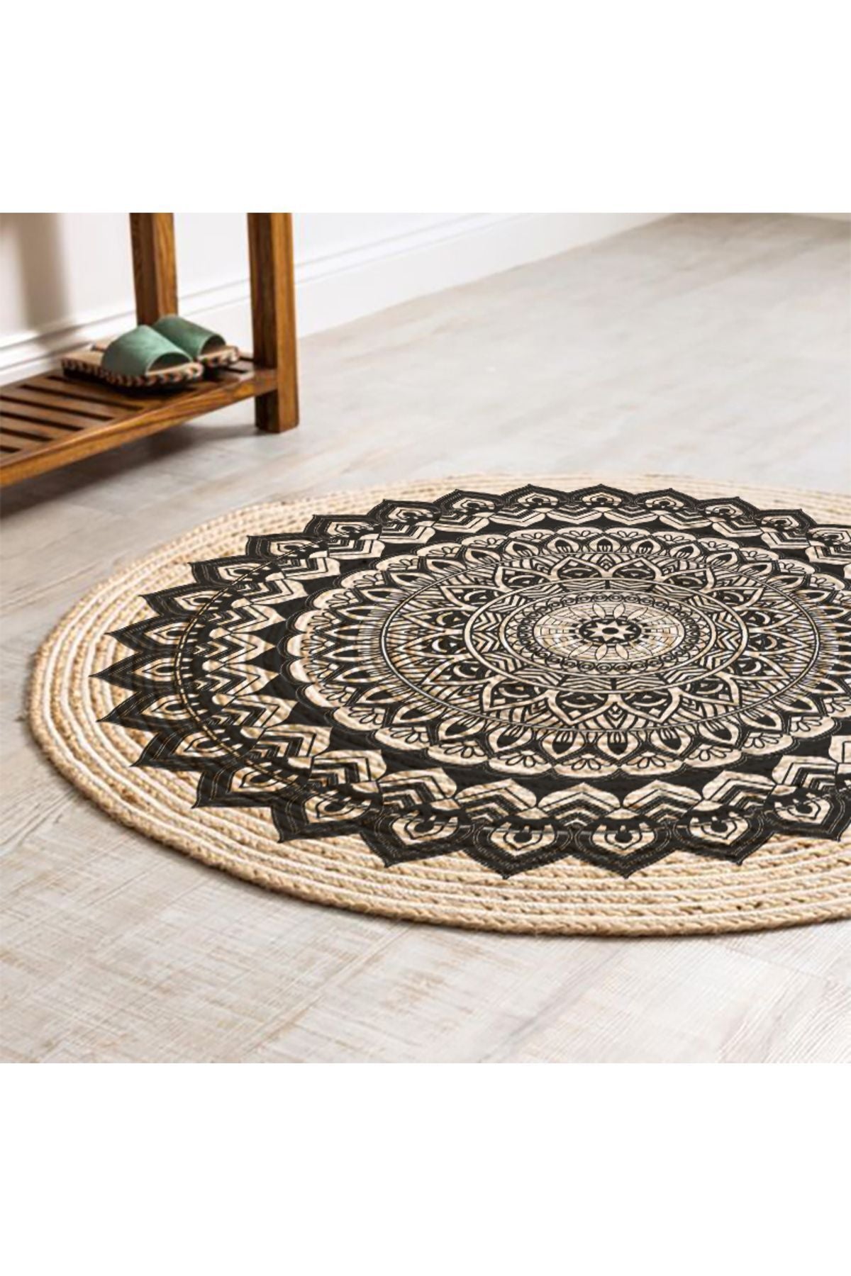 Boho 900 Mandala Desenli Etnik Örgü Yuvarlak Natural Çift Taraflı Halı'nın detaylı dokusu, polyester ipliklerle doğal örgü tekniği ile yapılmış.