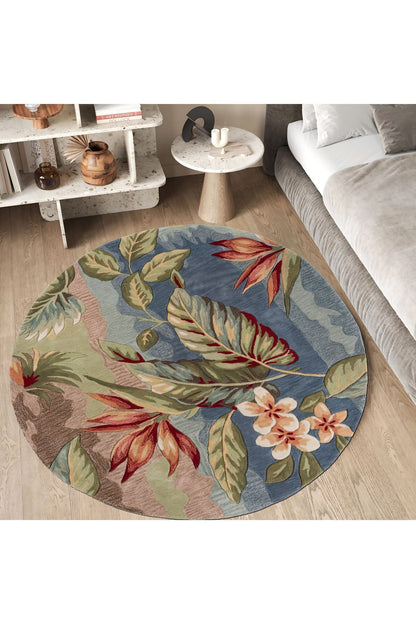 Halı Vagonu 153 Pastel Tonlar Çiçekli Floral Çok Renkli Dokuma Taban Yuvarlak Halı