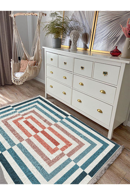 Halı Vagonu 2189 Çizgili Renkli Moder Desenli Dokuma Taban Halı