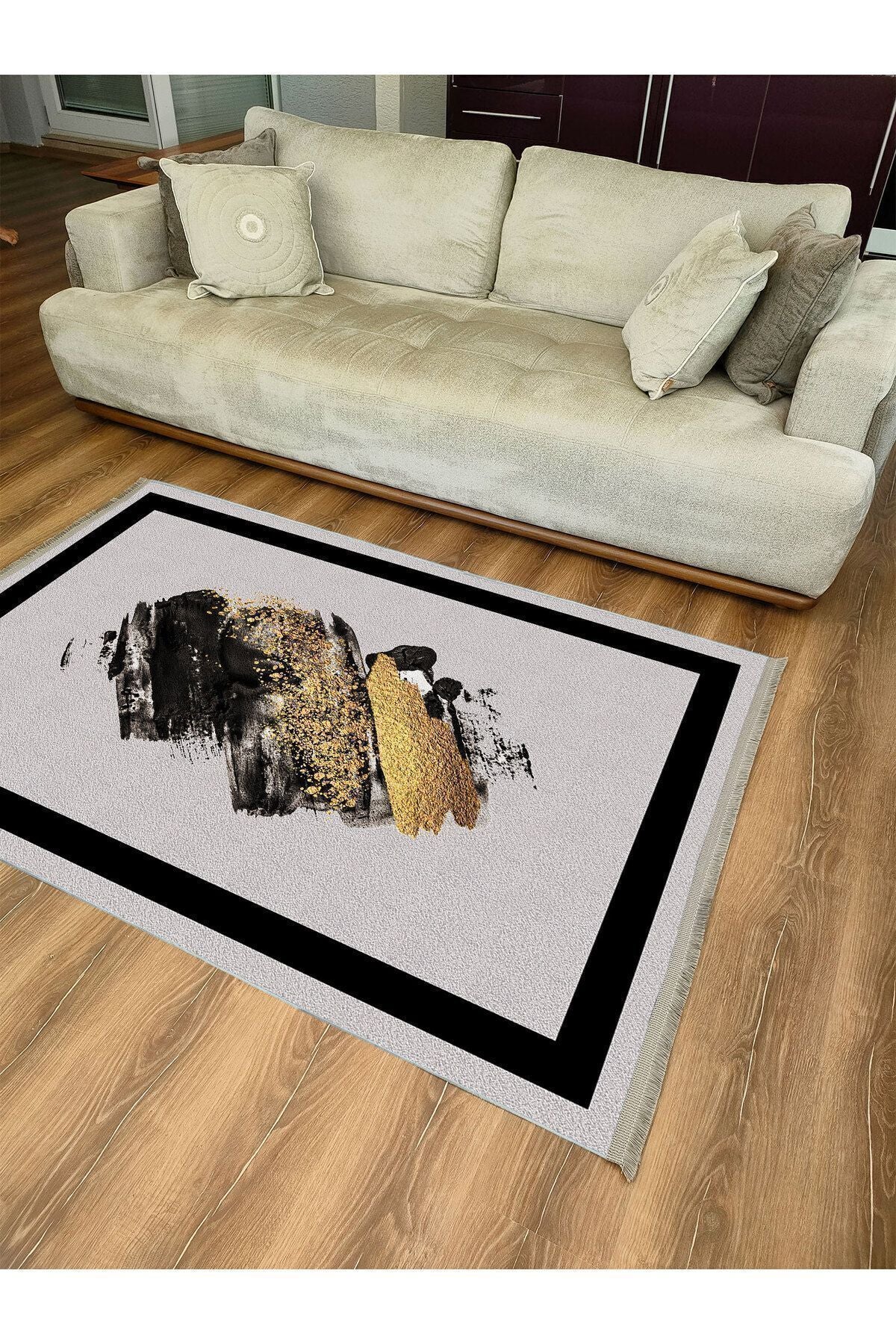 Halı Vagonu Halı 2076 Gri Siyah Bordürlü Soyut Dekoratif Halı Salon Halısı Saçaklı Yıkanabilen Halı
