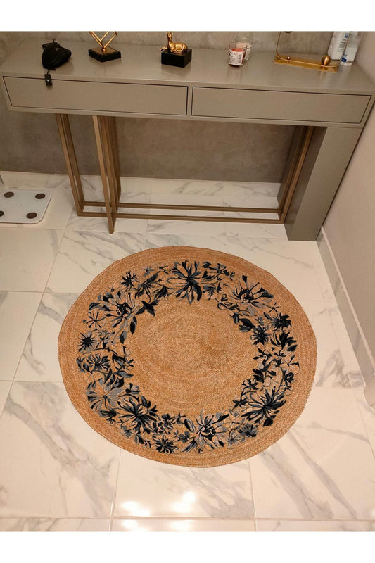 Boho 930 Jüt Doğa Iplik Ile Üretilmiş Çiçek Desenli Yuvarlak Natural Renk Çift Taraflı Halı