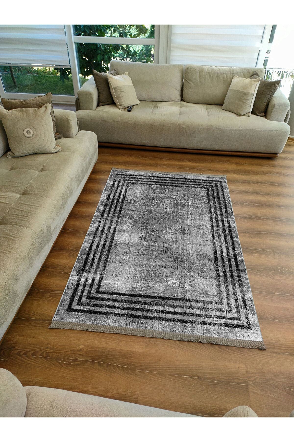 Halı Vagonu 2086 Füme Tonunda Dekoratif Halı Salon Halısı Saçaklı Yıkanabilen Halı