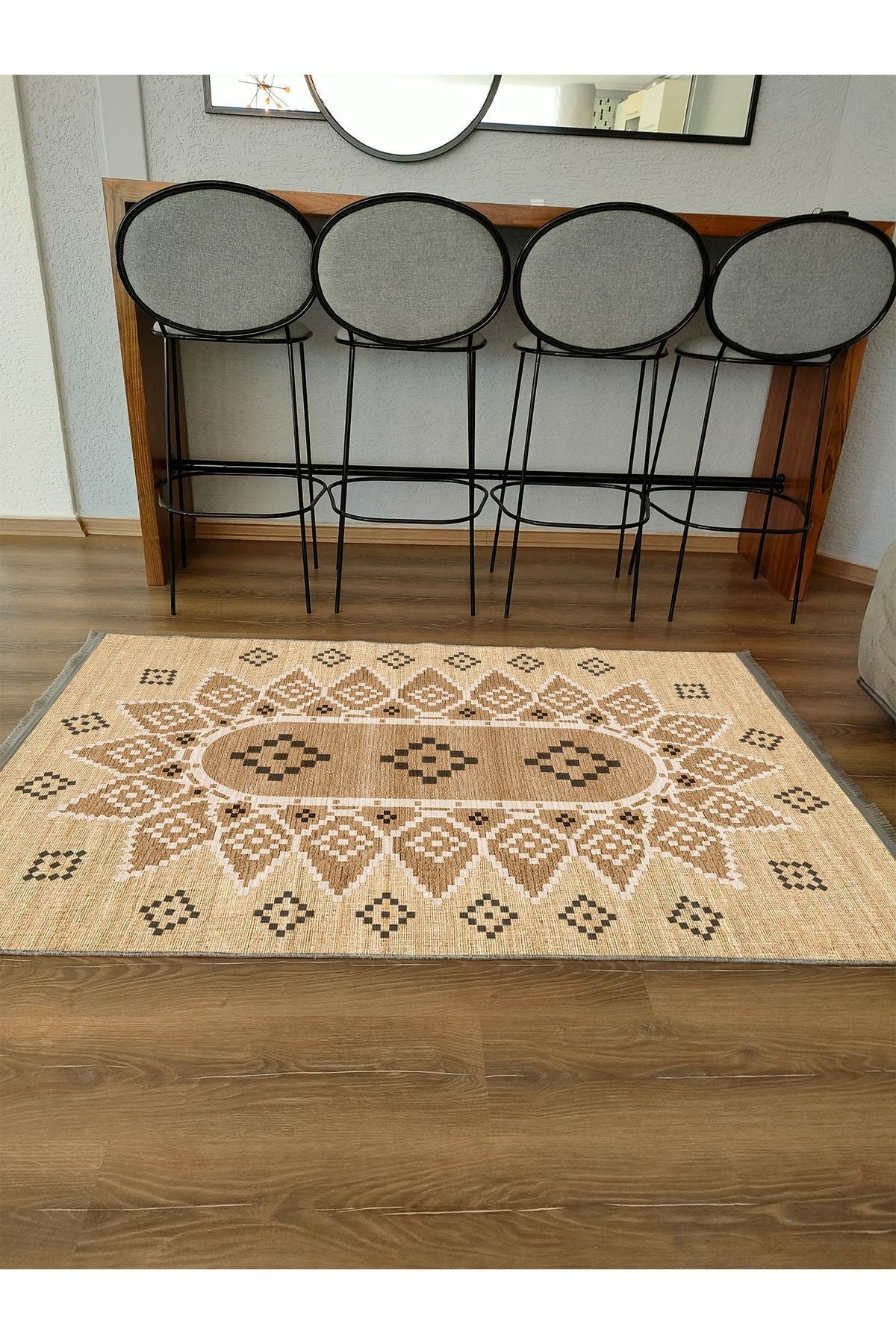 Halı Vagonu105 Jut Tonlarında Klasık Dekoratif Kilim Salon Halısı Saçaklı Yıkanabilen Halı