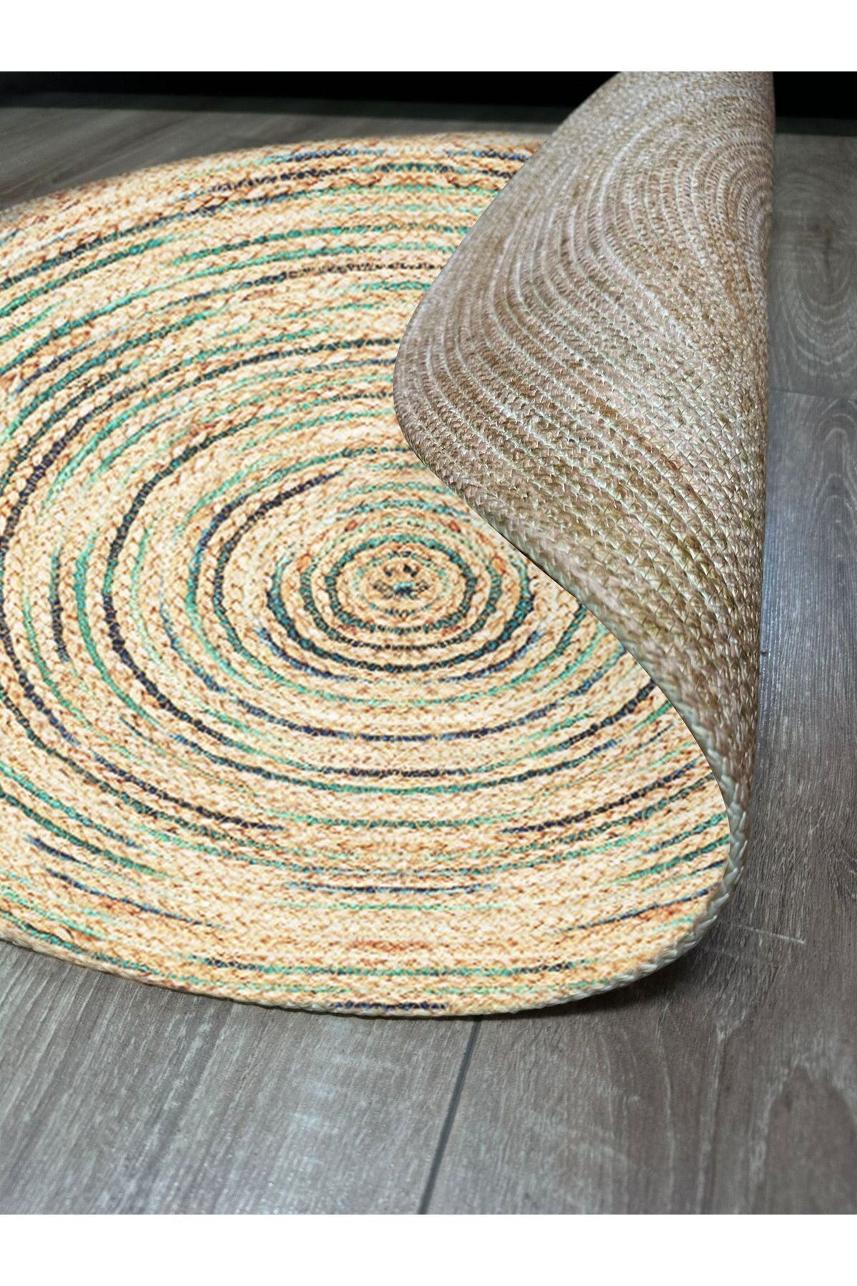 Boho 950 Jüt Rengi Ve Yeşil Desenli Örgü Yuvarlak Natural Çift Taraflı Halı