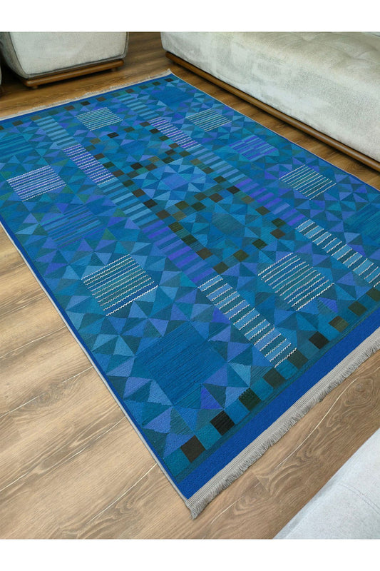 Halı Vagonu121 Etnik Otantik Mavi Tonlartında Dekoratif Salon Halısı Saçaklı Yıkanabilen Halı