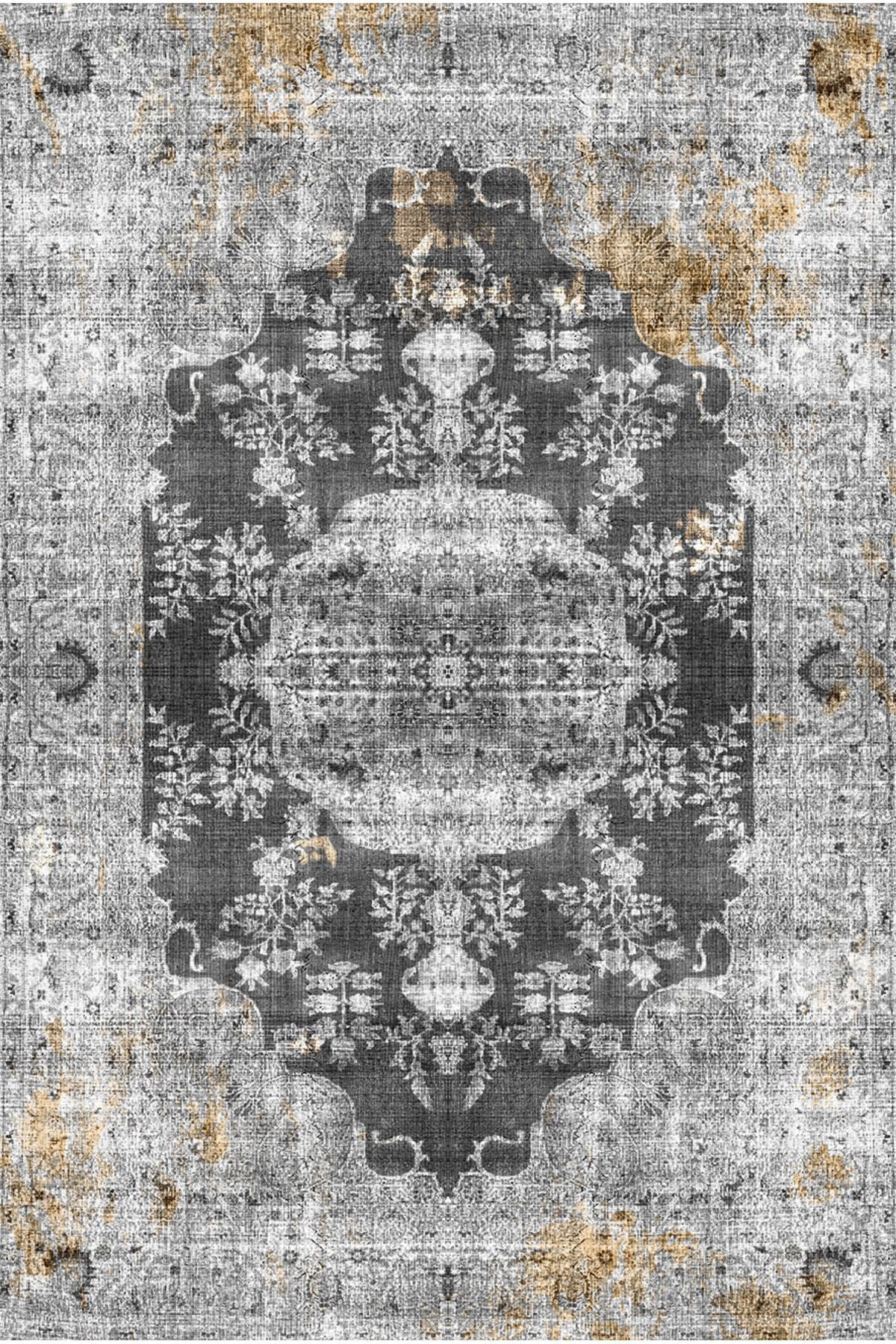 Halı Vagonu 2155 Gri Siyah Hardal Sarı Vintage Desenli Dokuma Taban Halı