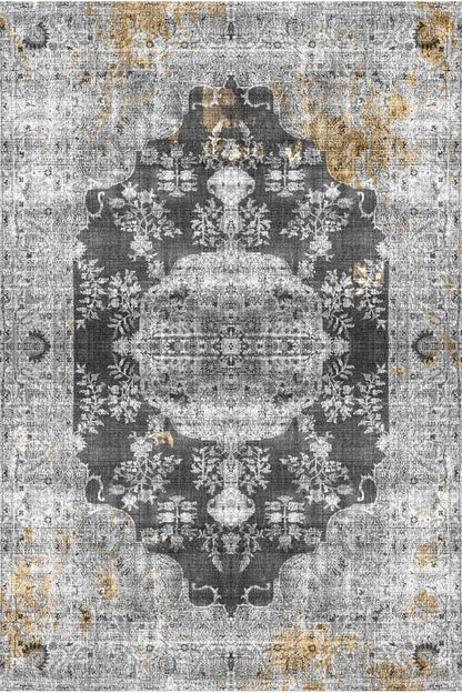 Halı Vagonu 2155 Gri Siyah Hardal Sarı Vintage Desenli Dokuma Taban Halı