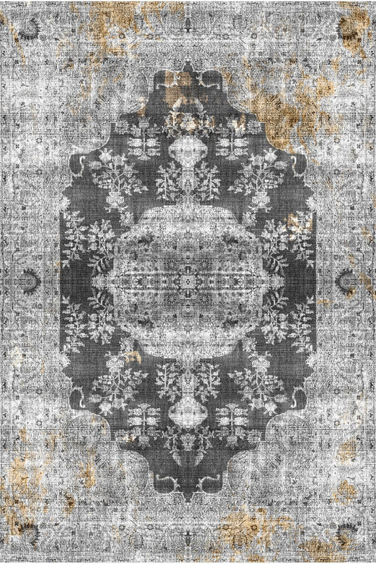 Halı Vagonu 2155 Gri Siyah Hardal Sarı Vintage Desenli Dokuma Taban Halı