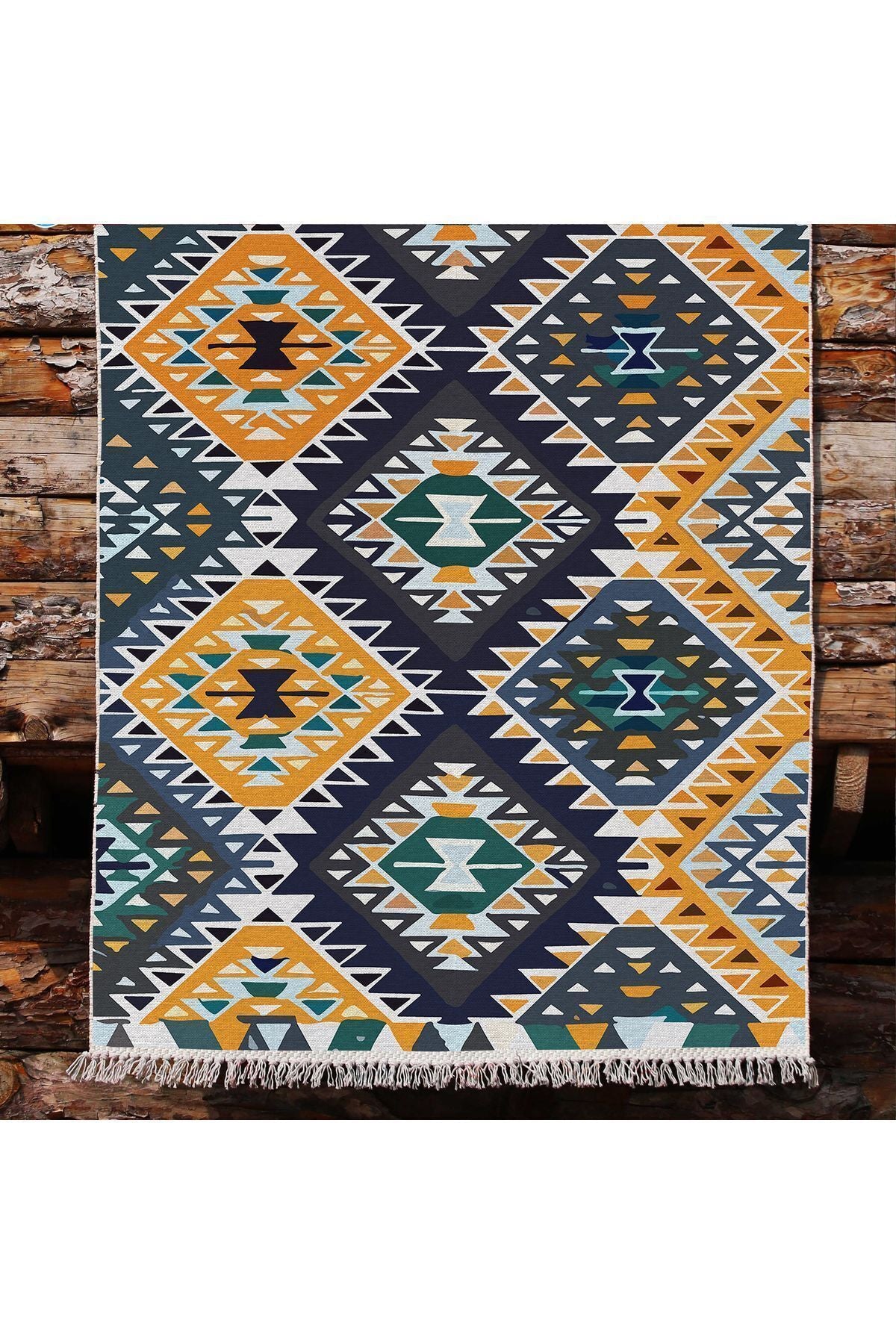 Cotton kilim Hardal Tonunda Geometrik Desenli Dekoratif Yıkanabilen Dokuma Taban Kilim