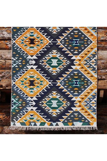 Cotton kilim Hardal Tonunda Geometrik Desenli Dekoratif Yıkanabilen Dokuma Taban Kilim