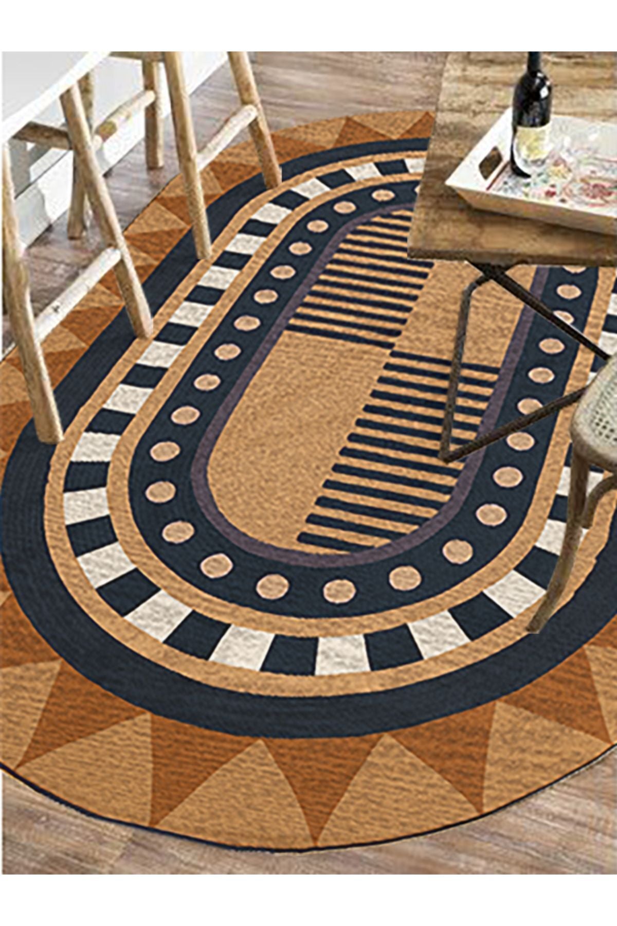 Boho 979 Jüt Hasır Etnik Desenli Oval Jüt Örme Doğal Hasır Natural Oval Halı