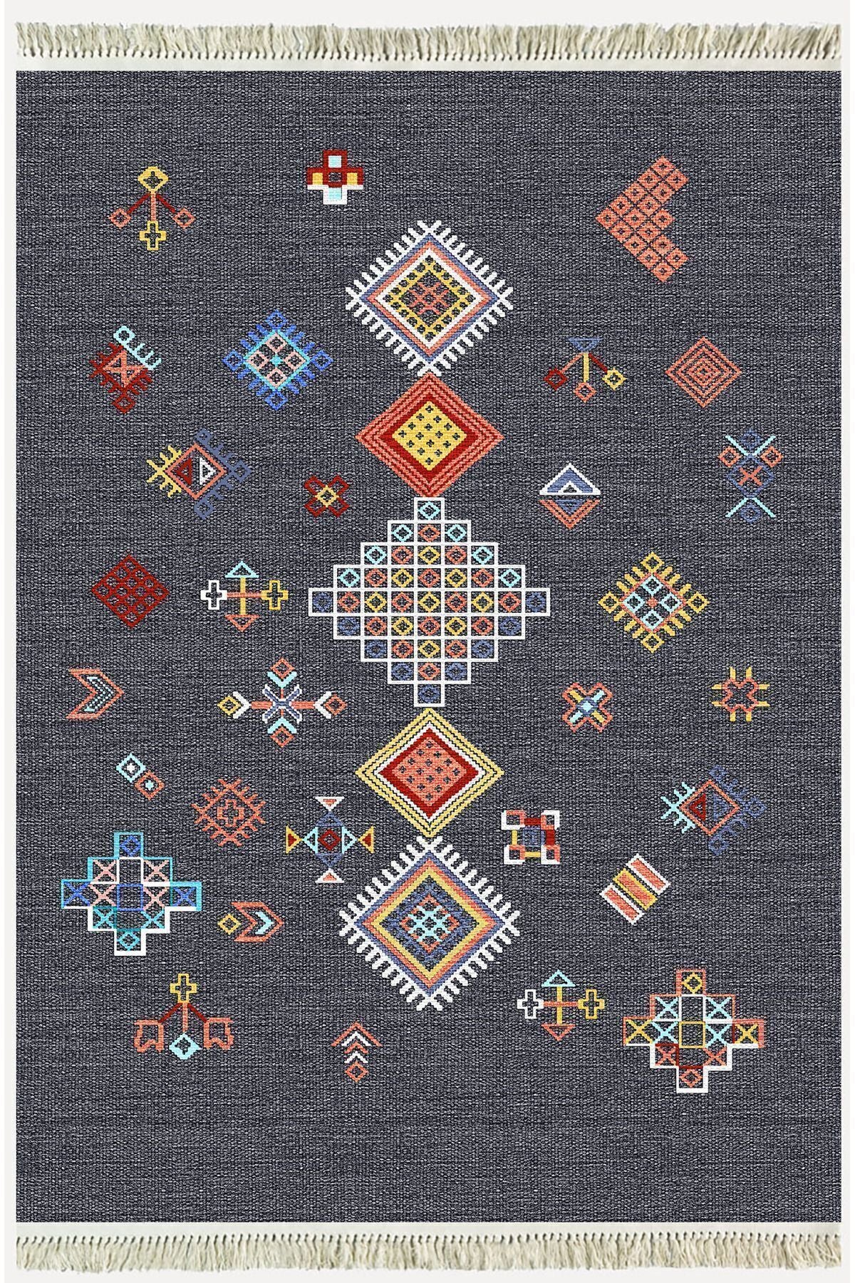 Cotton Kilim 54 Füme Zemin Geleneksel Motifler Modern Dekoratif Saçaklı Yıkanabilen Dokuma Kilim