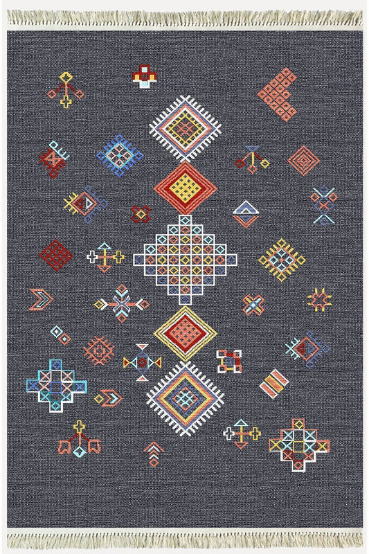 Cotton Kilim 54 Füme Zemin Geleneksel Motifler Modern Dekoratif Saçaklı Yıkanabilen Dokuma Kilim