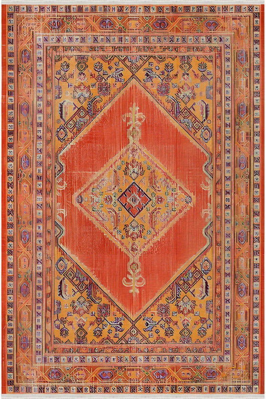 Halı Vagonu 76 Turuncu Tonlarında Dekoratif Salon Halısı Saçaklı Yıkanabilen Halı